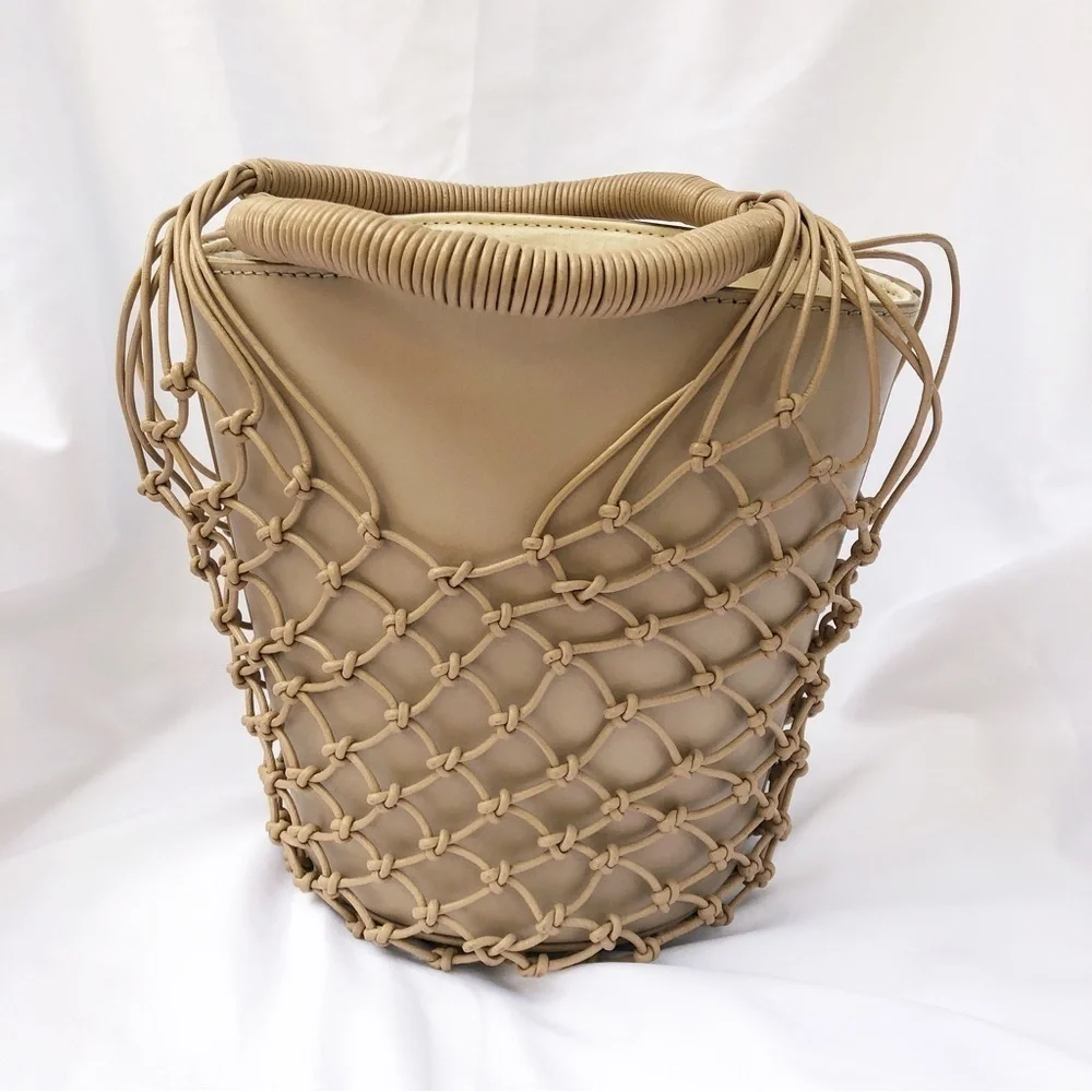 J.CREW | NWT SEDONA BASKET LEATHER CANVAS DRAWSTRING BAG IN MACADAMIA